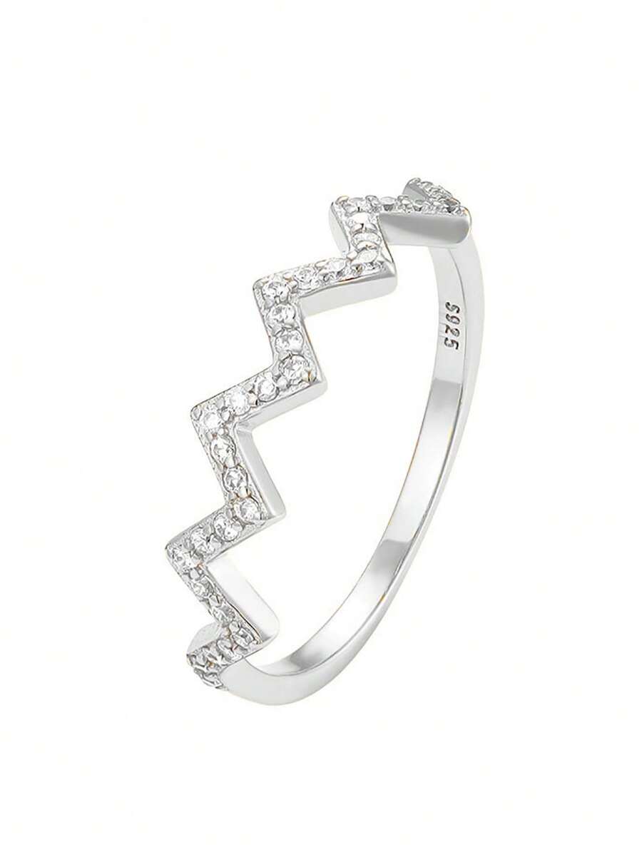 1 件 S925 純銀鍍 18k 金簡約時尚心跳波浪 V 形戒指帶立方氧化鋯適合小指 - 銀色 - 查看 1