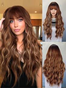 Brown Highlight Synthetic Wigs With Bangs For  Long Ombre Honey Brown Wave Wig Heat Resistant Hair Natural Wig