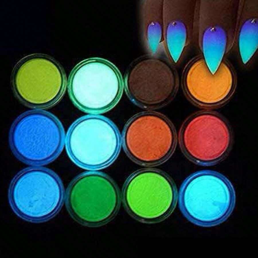 12 Polvos efecto Glow para uñas acrílicas esmaltes polvo de colores mixtos que brillan en la oscuridad efecto neon glow - Multicolor - Ver 1
