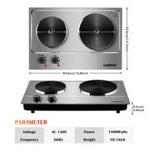 Cusimax 1800W Countertop Double Cast Iron Burner,7.4 In. And 6.1 In. Hot Plate With Temperature Controls & Indicator Lights,Portable 2 Burner Electric Cooktop Kitchenette,Great For Home Use,Easy To Clean - 銀色 - 查看 2