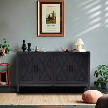 4 Door Wooden Twill Sideboard American Country Vintage Old Living Room Dining Room Hallway Entryway Cabinet - 黑色 - 查看 1