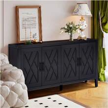 4 Door Wooden Twill Sideboard American Country Vintage Old Living Room Dining Room Hallway Entryway Cabinet - 黑色 - 查看 3