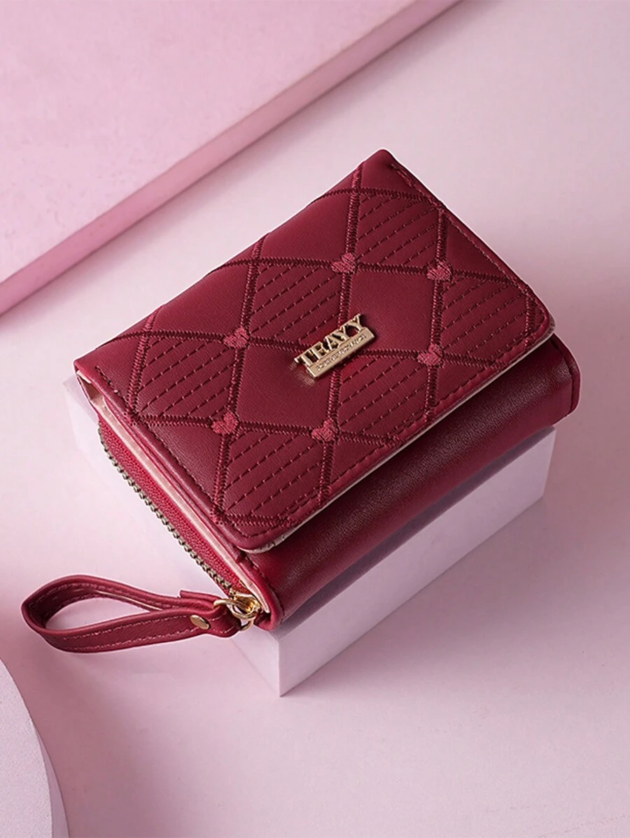 女士短款拉链钱包三折刺绣时尚新款多卡位手拿包零钱包女士手拿包钱包小钱包 - 酒紅色 - 查看 1