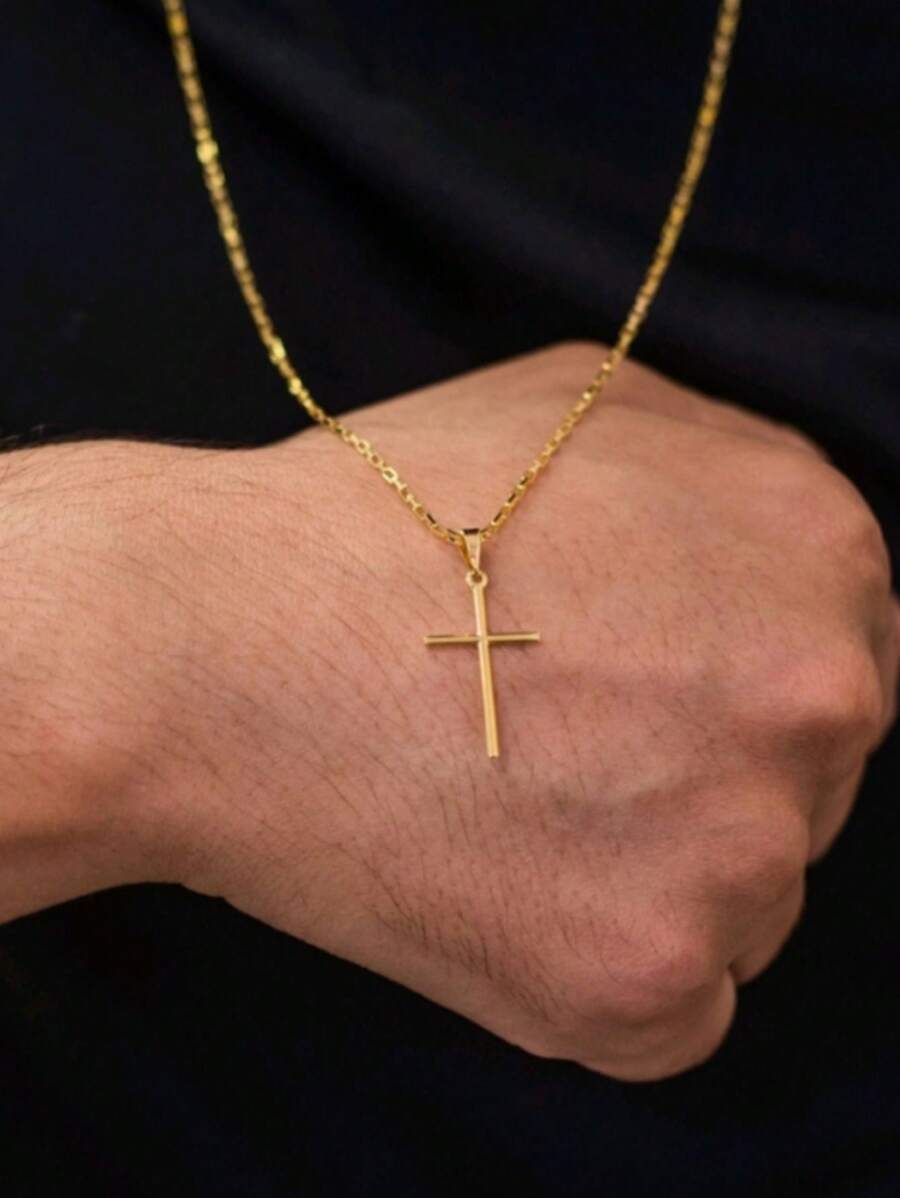 Corrente moda Masculina Cordão 60cm Com Pingente Cruz cifixo Top - Dourado - Visão 1