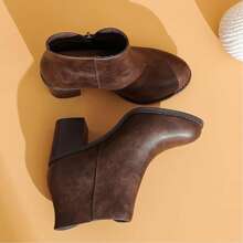 Women's Wide Width Ankle Boots, Chunky Heel Extra Wide Short Booties With Side Zipper - 棕色 - 查看 4