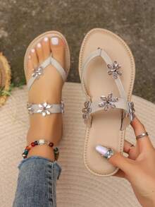 女款舒適的戶外人字拖涼鞋,設有腳趾分隔,平底夏季鞋款 - 白色 - 查看 5