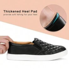 Women's Quilted PU Leather Slip-On Sneakers - Black Casual Walking Shoes With White Sole For Everyday Style - 黑色 - 查看 4