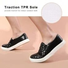 Women's Quilted PU Leather Slip-On Sneakers - Black Casual Walking Shoes With White Sole For Everyday Style - 黑色 - 查看 5