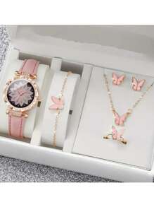 6 件套哑光皮革表带手表 + 蝴蝶手链套装，适合生日、万圣节、礼物（无盒）