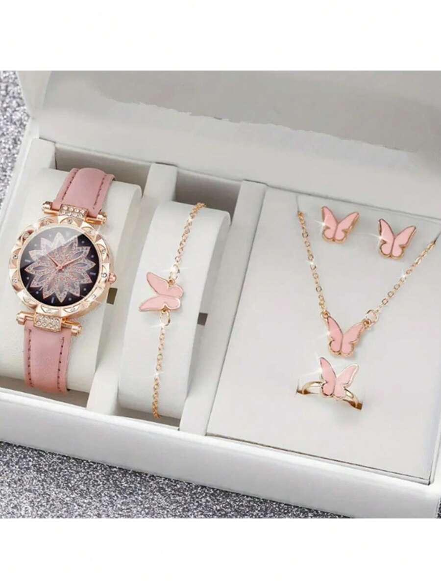 6 件套哑光皮革表带手表 + 蝴蝶手链套装，适合生日、万圣节、礼物（无盒）