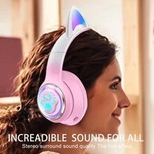 New Wireless Cat Ear Earphones With Cat Paw LED Light Design, Suitable For Girls To Learn - Pink - View 4