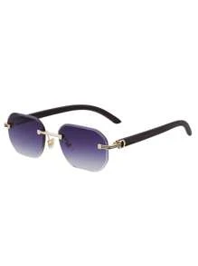 1 Pair Diamond-Edge Frameless Fashion Glasses For Men, Vintage Faux Wooden Temple Legs, Suitable For Everyday Wear, Outdoor, Driving, UV Protection
