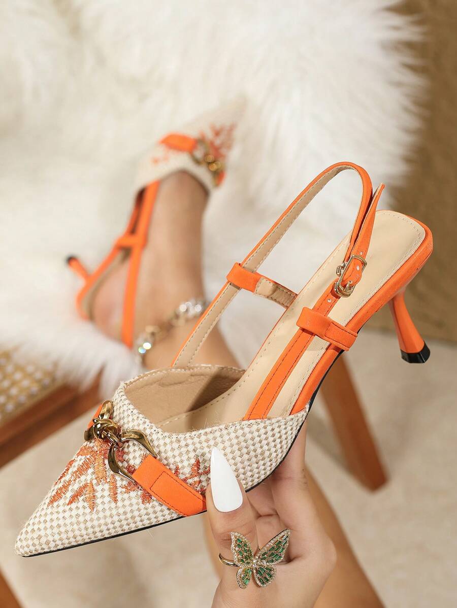 New Arrival Fashionable And Comfortable High Heel Pointed Toe Embroidered Slingback Shoes With Buckle Decoration, For Women