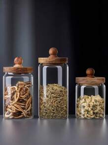 جرة تخزين خشبية زجاجية للمطبخ، جرار القهوة الزجاجية، علبة تخزين شفافة بغطاء خشبي جولة جرة طعام زجاجية لصندوق تخزين الطعام السكر الشاي البن البهارات جوز