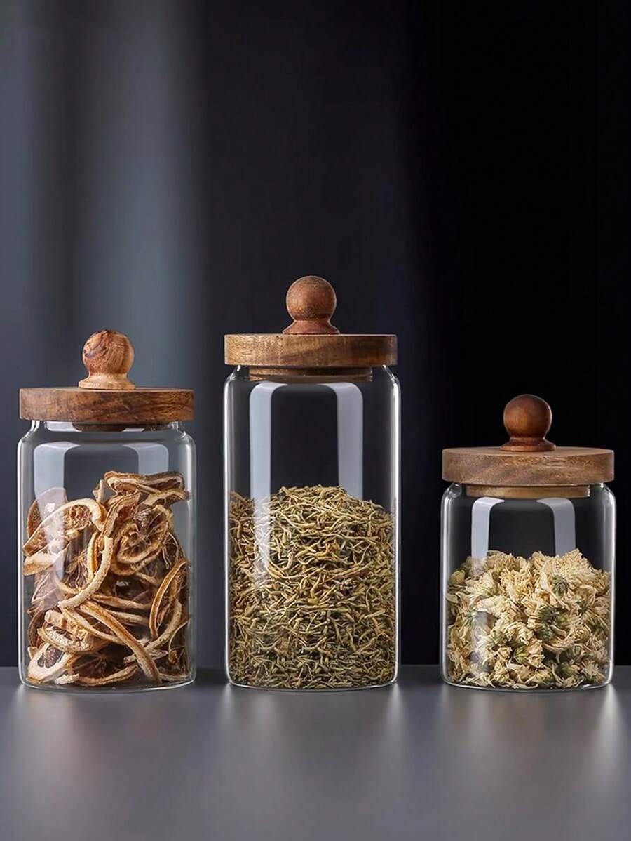جرة تخزين خشبية زجاجية للمطبخ، جرار القهوة الزجاجية، علبة تخزين شفافة بغطاء خشبي جولة جرة طعام زجاجية لصندوق تخزين الطعام السكر الشاي البن البهارات جوز