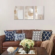 3pcs Beige & Gold Abstract Gallery Wall Art, Nordic Style Minimalist Abstract Artwork, Modern Abstract Mixed Media Art For Living Room, Bedroom, Kitchen, Office Wall Decor, Framless