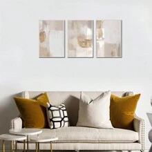 3pcs Beige & Gold Abstract Gallery Wall Art, Nordic Style Minimalist Abstract Artwork, Modern Abstract Mixed Media Art For Living Room, Bedroom, Kitchen, Office Wall Decor, Framless