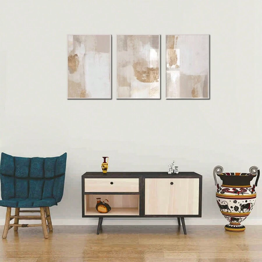 3pcs Beige & Gold Abstract Gallery Wall Art, Nordic Style Minimalist Abstract Artwork, Modern Abstract Mixed Media Art For Living Room, Bedroom, Kitchen, Office Wall Decor, Framless