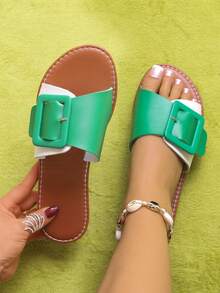 青少年加大码平底休闲时尚露趾拖鞋，拼色沙滩拖鞋 - 綠色 - 查看 3