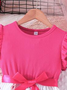 Conjunto de vestido con cuello redondo elegantado para niñas jóvenes con estampado de flores y mariposas, incluye cinta para la cabeza, verano - Rosa Fucsia - Ver 3