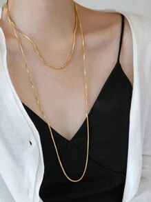 1 Pezzo Collana A Catena A Doppio Strato Intrecciata In Acciaio Inossidabile Con Placcatura In Oro 18k, Lunga 120 Cm A Motivo Osso Di Serpente