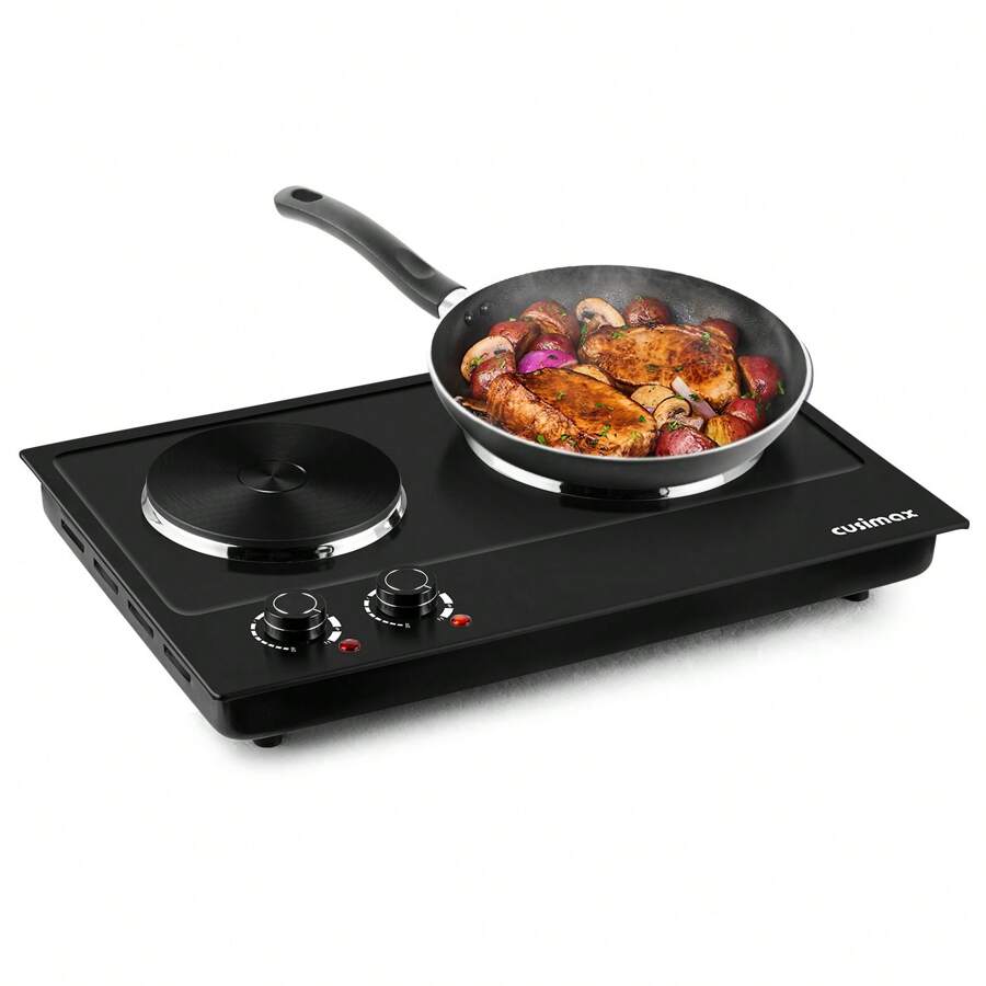 Cusimax 1800W Countertop Double Cast Iron Burner,7.4 In. And 6.1 In. Hot Plate With Temperature Controls & Indicator Lights,Portable 2 Burner Electric Cooktop Kitchenette,Great For Home Use,Easy To Clean - 黑色 - 查看 1