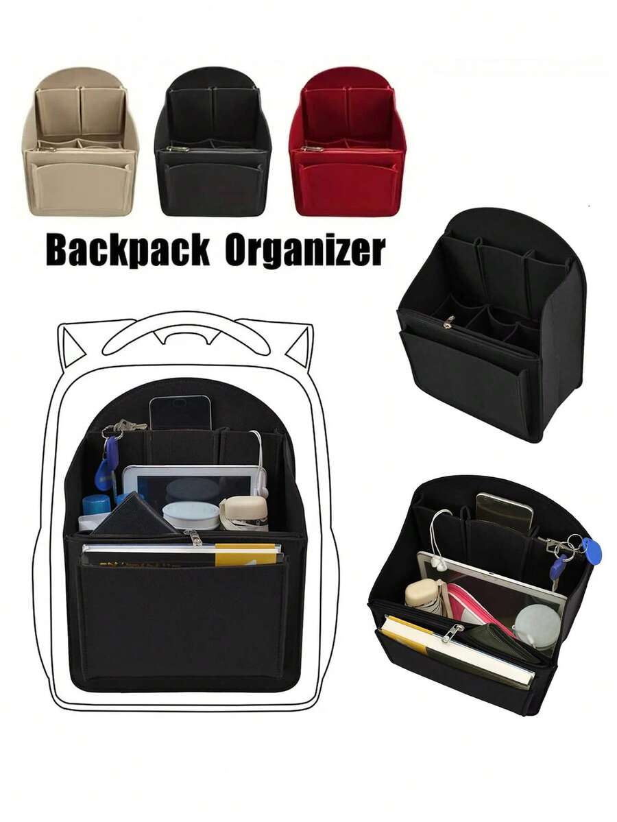 Functional Backpack Organizer Insert, Backpack Divided Storage, Felt Tote Organizer Detachable Compartments, Multi Pocket Insert Bag, Purse Insert, Backpack Liner Bag Vertical Storage Bag, Cosmetic Organizer Insert Bag, Foldable Divider For Rucksack, Diaper Bag & Shoulder Bag - Black - View 1