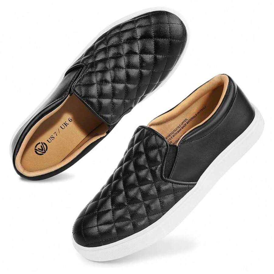 Women's Quilted PU Leather Slip-On Sneakers - Black Casual Walking Shoes With White Sole For Everyday Style - 黑色 - 查看 1