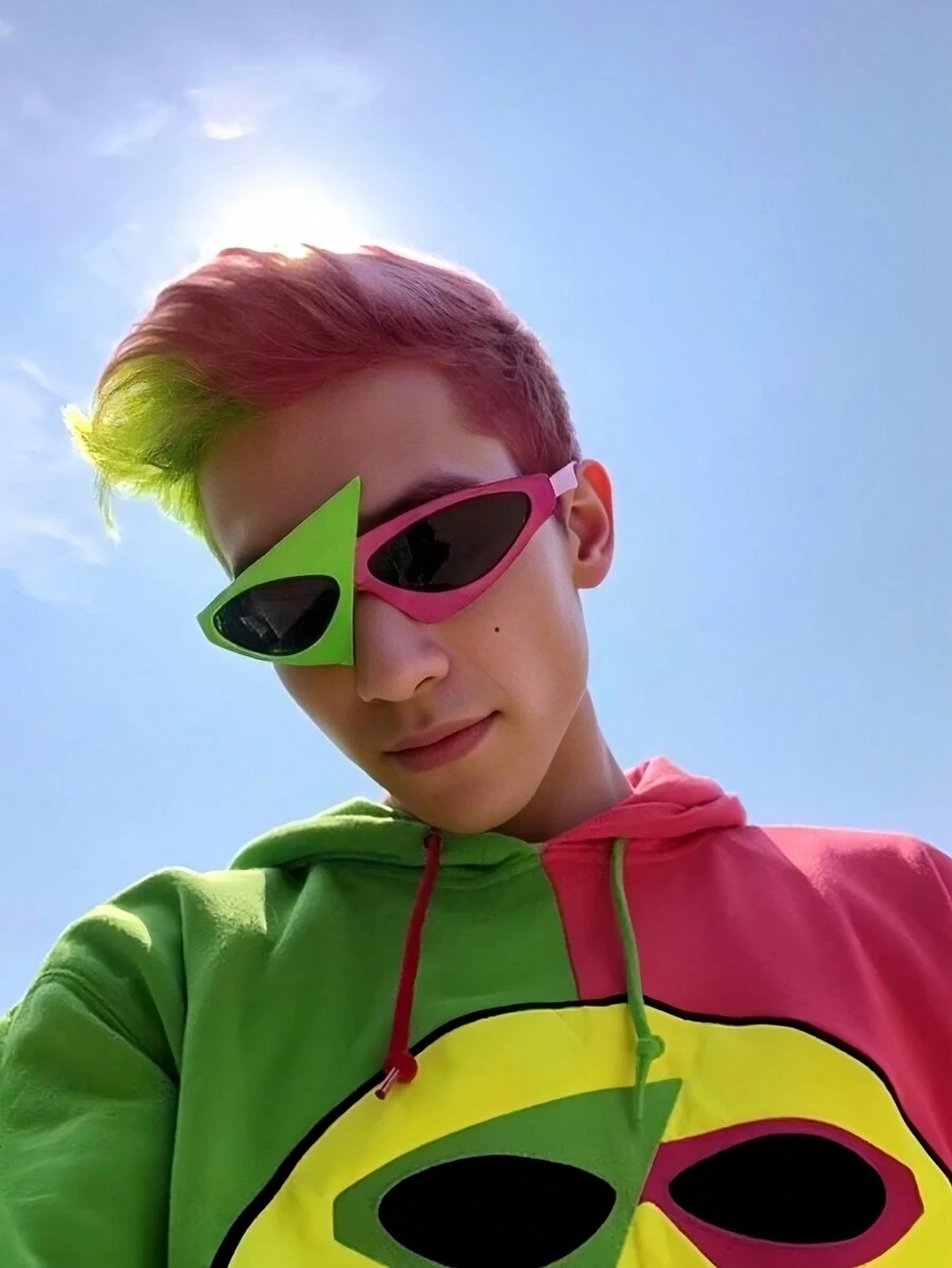 1 件三色时髦朋克摇滚时尚眼镜，非主流 Y2K 霓虹墨水艺术画家爱好者绿色和粉色外星人服装音乐家音乐节派对影响者自拍眼镜