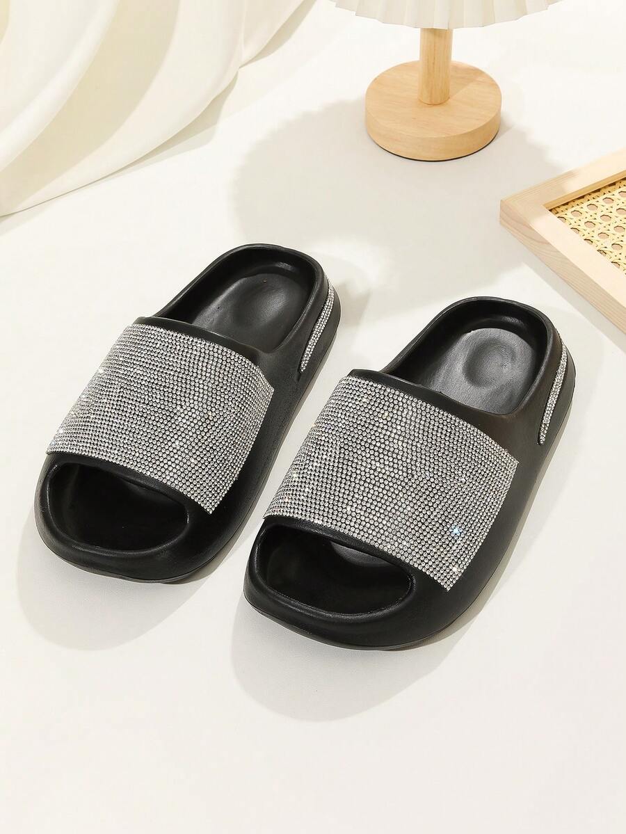 新品美國日國旗圖案柔軟耐磨EVA拖鞋男女款，鑲有水晶石的平台，椰子設計，深受外貿歡迎 - 黑色 - 查看 1