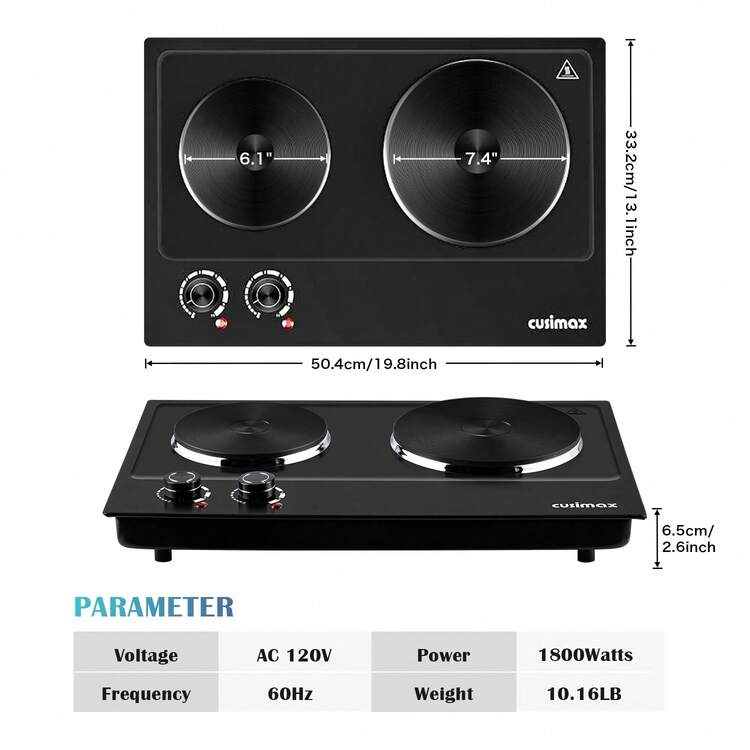 Cusimax 1800W Countertop Double Cast Iron Burner,7.4 In. And 6.1 In. Hot Plate With Temperature Controls & Indicator Lights,Portable 2 Burner Electric Cooktop Kitchenette,Great For Home Use,Easy To Clean - Black - View 9