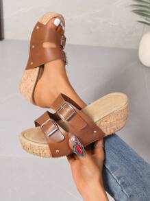 New Women's Casual Double Buckle Classic Style Vacation Wind Wood Grain Bottom Waterproof Platform Wedge Heel Sandals And Slippers