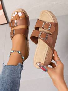 New Women's Casual Double Buckle Classic Style Vacation Wind Wood Grain Bottom Waterproof Platform Wedge Heel Sandals And Slippers