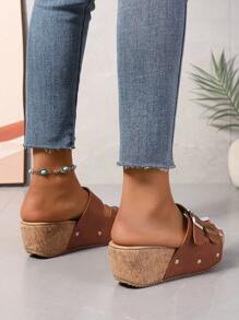 New Women's Casual Double Buckle Classic Style Vacation Wind Wood Grain Bottom Waterproof Platform Wedge Heel Sandals And Slippers