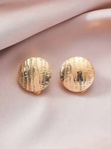 1對歐美風格簡單紋理圓形幾何合金女士耳夾,適合日常使用 - 金黃色 - 查看 7