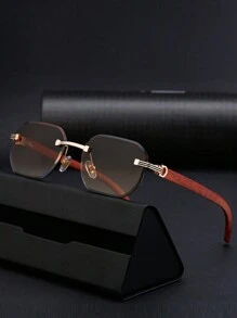 1 Pair Diamond-Edge Frameless Fashion Glasses For Men, Vintage Faux Wooden Temple Legs, Suitable For Everyday Wear, Outdoor, Driving, UV Protection