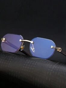 1 Pair Diamond-Edge Frameless Fashion Glasses For Men, Vintage Faux Wooden Temple Legs, Suitable For Everyday Wear, Outdoor, Driving, UV Protection