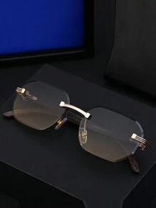 1 Pair Diamond-Edge Frameless Fashion Glasses For Men, Vintage Faux Wooden Temple Legs, Suitable For Everyday Wear, Outdoor, Driving, UV Protection