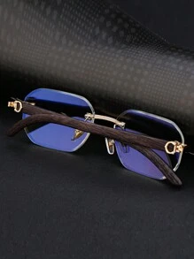 1 Pair Diamond-Edge Frameless Fashion Glasses For Men, Vintage Faux Wooden Temple Legs, Suitable For Everyday Wear, Outdoor, Driving, UV Protection