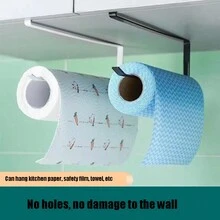 1pc Kitchen Paper Towel Holder Cabinet Roll Rack Storage Rack Towel Cling Film Rag Hanging Organizer Without Drilling - Black - View 2