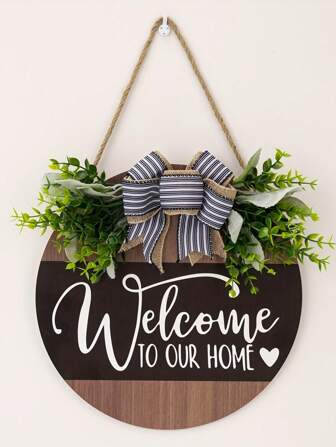 Classic Welcome Door Sign Wreath, 1pc Front Door Decorative Hanging, Round Manufactured Wood Plaque With Bow, Home Room Living Office Decor, Ideal For Easter, Valentine's Day, Housewarming Gift
