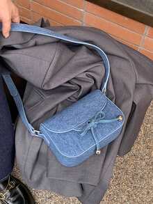 1入組2024丹寧女士斜背包，蝴蝶結裝飾，女性小方包 - 藍色 - 查看 7