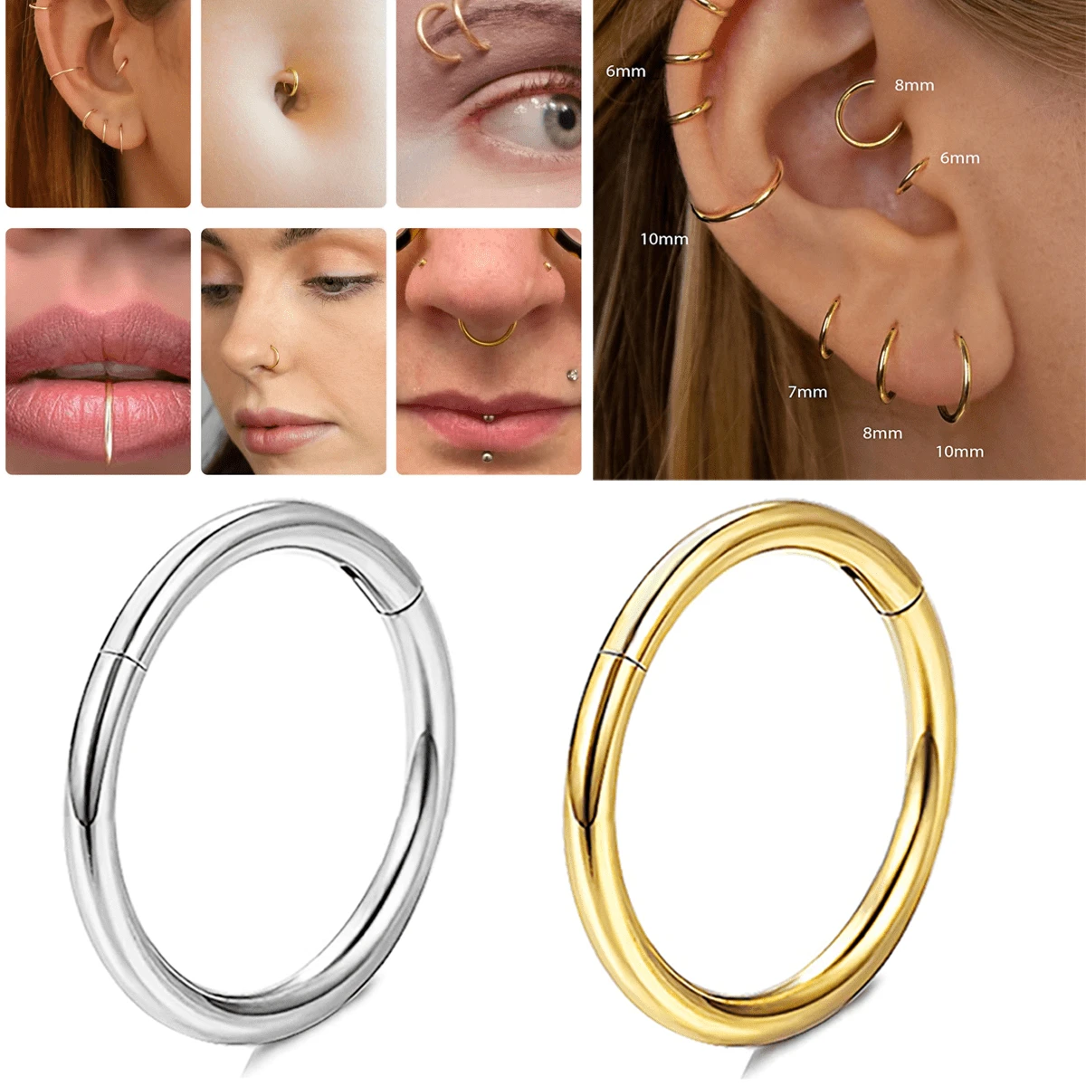 1pc G23 Titanium Hinged Hoop Nose Rings 18G 16G Septum Ring Body Piercing Jewelry Helix Cartilage Rook Earring - Gold - View 1
