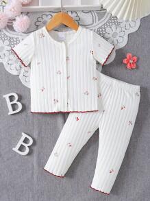 2pcs Girls" Casual Short Sleeve Floral Top And Long Pants Set, Simple Style For Spring/Summer