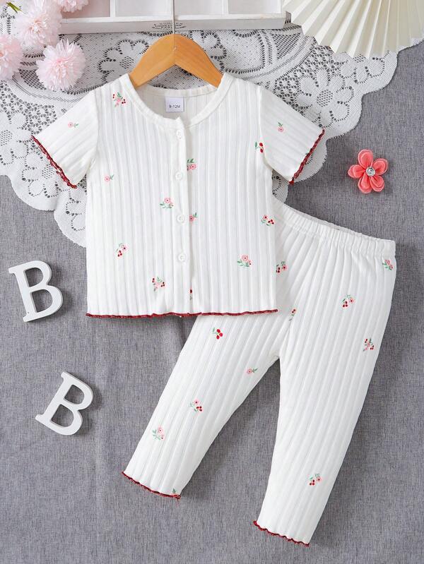 2pcs Girls" Casual Short Sleeve Floral Top And Long Pants Set, Simple Style For Spring/Summer
