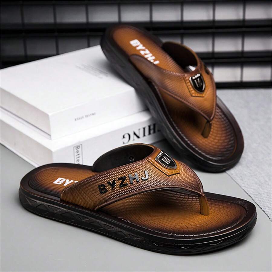 Men's Spring To Summer Thick Bottom Leather Outdoor Slippers Couple Retro Soft Bottom Beach Flip Flops - Brown - View 1