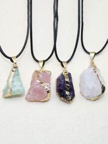 1pc Asymmetric Gold Plated Edge Natural Stone Pendant Amethyst Powder Crystal Pendant Necklace Jewelry Gift Natural Agate Asymmetric - Multicolor - View 2