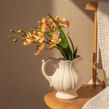 1pc Rustic Ceramic Vase For Home Decor, Antique Textured Wide Mouth Farmhouse Clay Jug Pitcher Pottery Flower Vases With Handle For Aesthetic Gift Gifts Birthday Graduation Room Decor Glass Vase - White - View 1