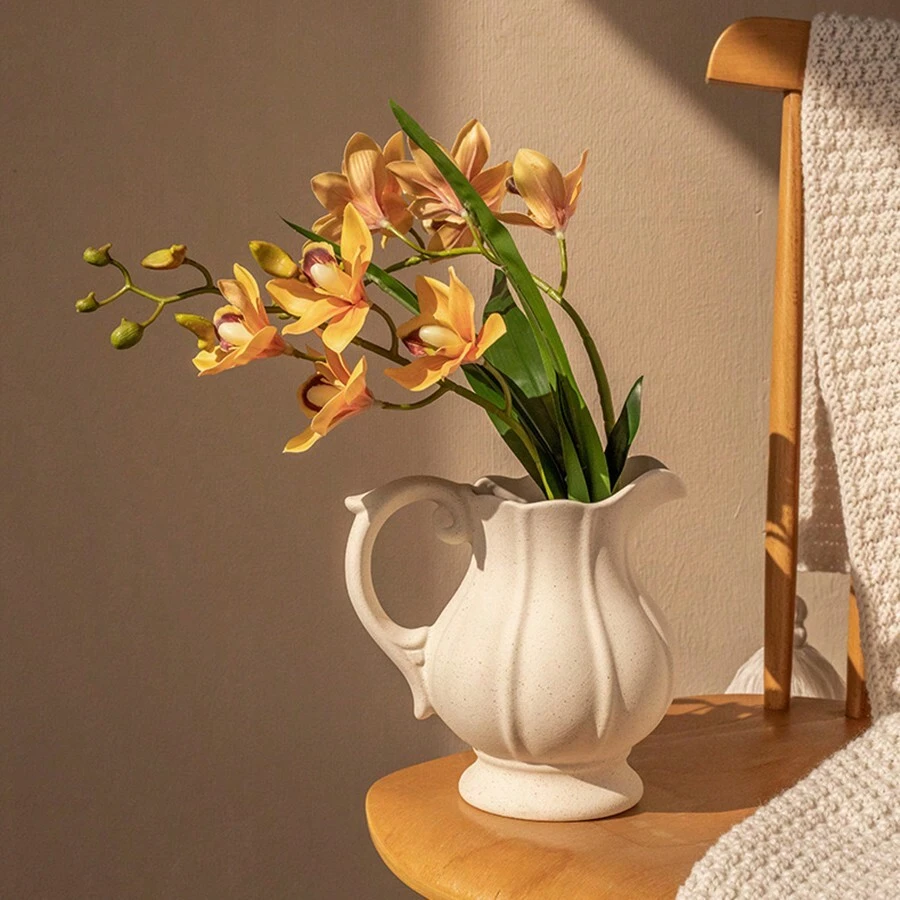 1pc Rustic Ceramic Vase For Home Decor, Antique Textured Wide Mouth Farmhouse Clay Jug Pitcher Pottery Flower Vases With Handle For Aesthetic Gift Gifts Birthday Graduation Room Decor Glass Vase - White - View 1