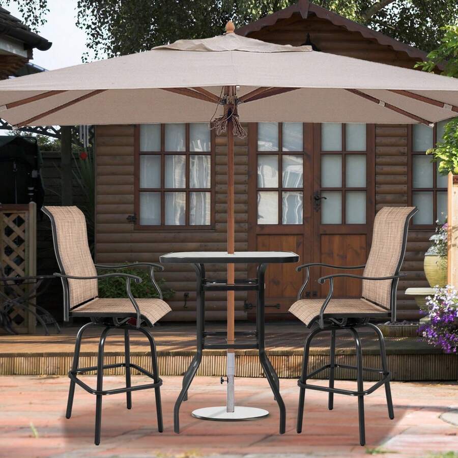 Patio Bar Table With Umbrella Holes, Square Outdoor Small Side Table With Tempered Glass Top And